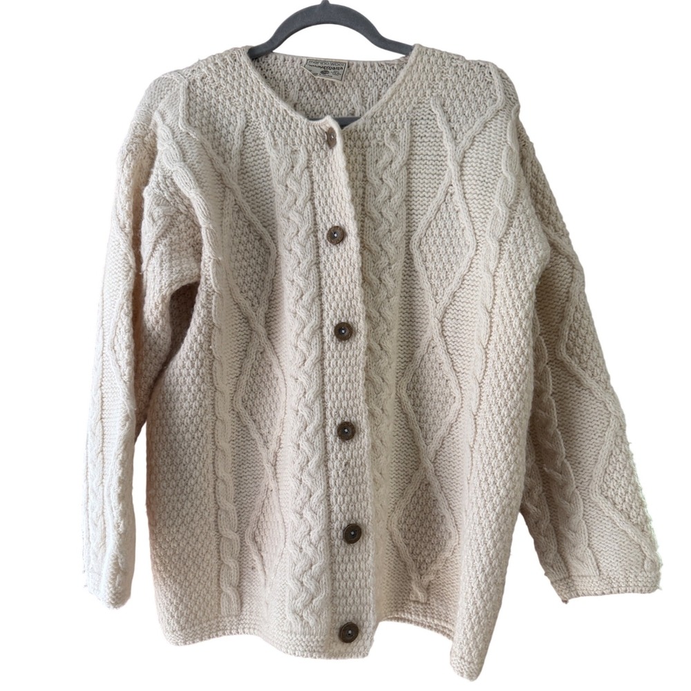 Connemara Knitwear Merino Wool Aran Cable Knit Cardigan Cream Ireland Womens M